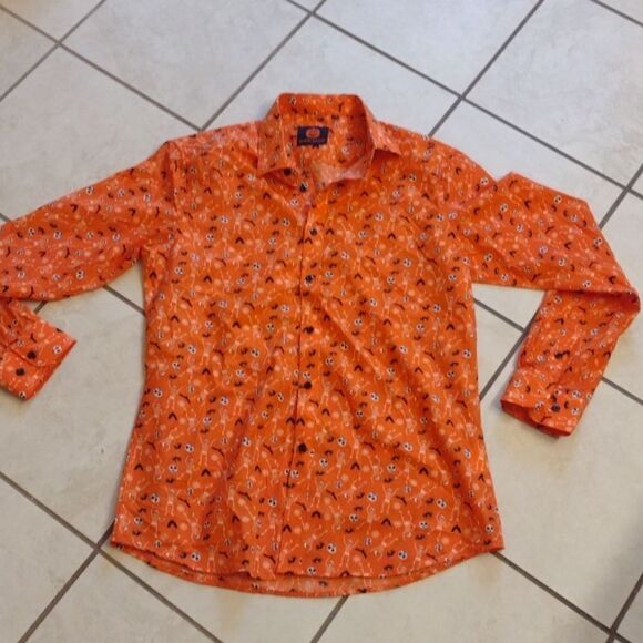 NWOT Simon Banks Halloween buttondown longsleeve shirt orange skeleton M - Picture 2 of 8